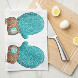 冬ミトンかわいいスノーフレークティール（緑がかった色）ブルーブラウン キッチンタオル