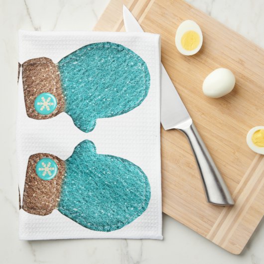 冬ミトンかわいいスノーフレークティール(緑がかった色)ブルーブラウン キッチンタオル (四つ折り)