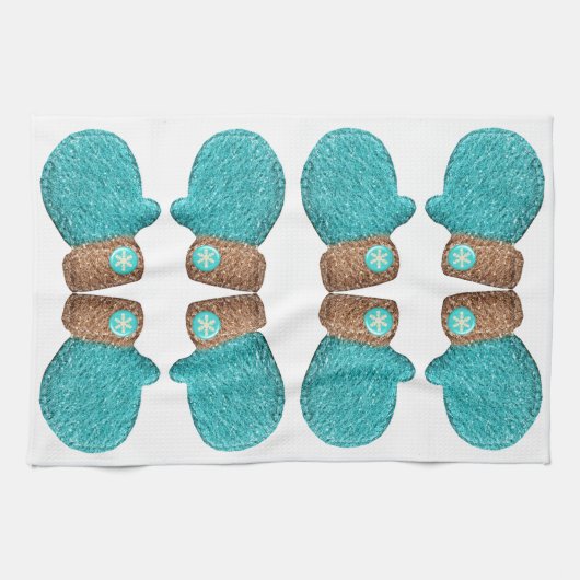 冬ミトンかわいいスノーフレークティール(緑がかった色)ブルーブラウン キッチンタオル (横)