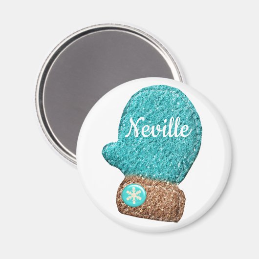 冬ミトンかわいいスノーフレーク青茶色の白 マグネット (正面/裏面)