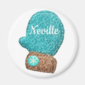 冬ミトンかわいいスノーフレーク青茶色の白 マグネット (正面)