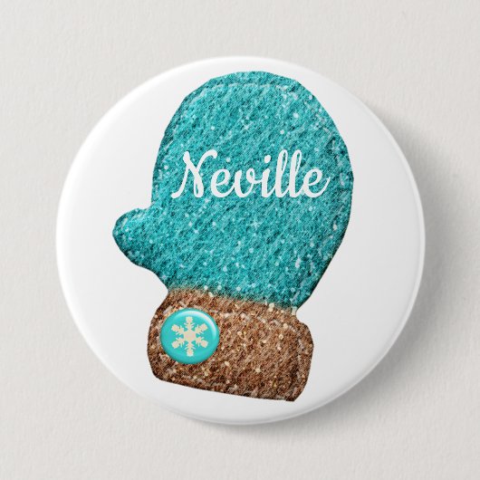 冬ミトンかわいいスノーフレーク青茶色の白 缶バッジ (正面)