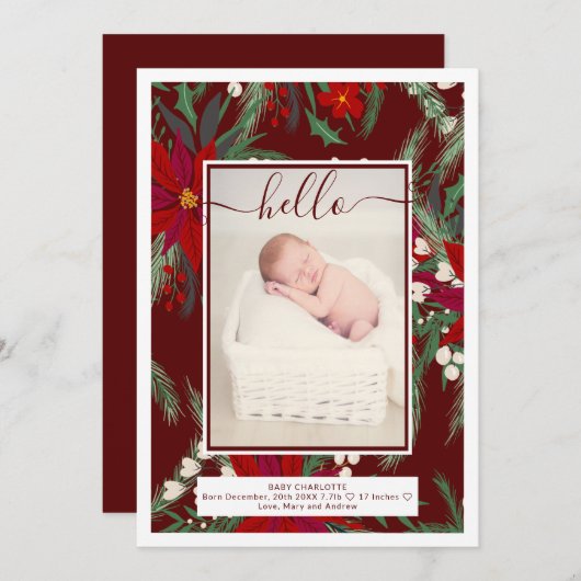 冬モダンのクリスマスフローラ写真ベビー誕生 案内状 (正面/裏面)