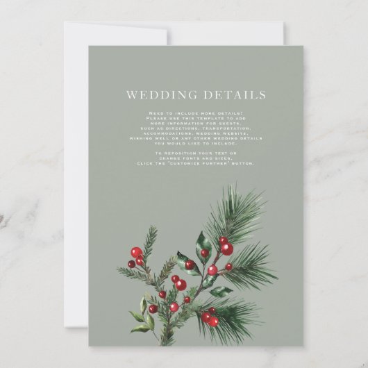 冬モダンの緑のクリスマスベリー結婚ズ 招待状 (裏面)
