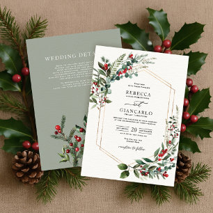 冬モダンの緑のクリスマスベリー結婚ズ 招待状
