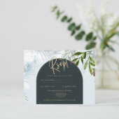 冬モダンの緑結婚の金ゴールド文字ティール（緑がかった色）アーチ ポストカード (スタンド正面)