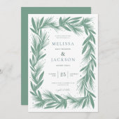 冬モダンリースフレ結婚ームの緑 招待状 (正面/裏面)