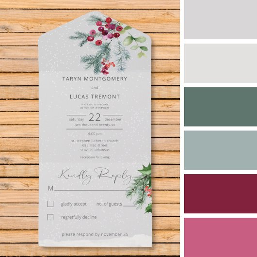 冬モダン松の果実と雪の灰色Noディナー オールインワン招待状