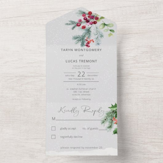 冬モダン松の果実と雪の灰色Noディナー オールインワン招待状 (内側)