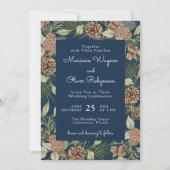 冬モダン松ネイビーブルーエレガントな結婚式 招待状 (正面)