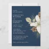 冬モダン松ネイビーブルーエレガントな結婚式 招待状 (正面)