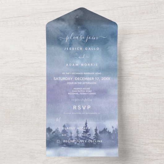 冬モダン林ブルーウォーター色なしディナー オールインワン招待状 (内側)