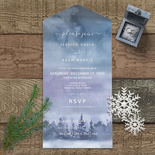 冬モダン林ブルーウォーター色なしディナー オールインワン招待状