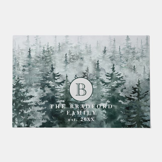 冬モダン素朴緑林ファミリーモノグラム ドアマット (正面)