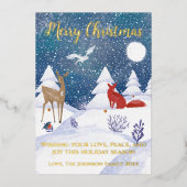冬モダン雪の夜のシーンキツネ鹿の鳥 箔シーズンカード (正面)