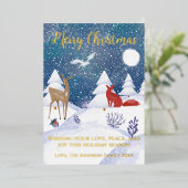 冬モダン雪の夜のシーンキツネ鹿の鳥 箔シーズンカード (立ち正面)
