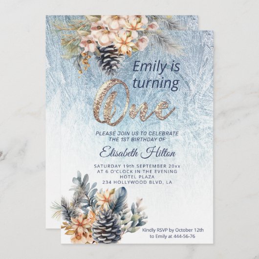 冬モダン霜フローラの最初の誕生日 招待状 (正面/裏面)