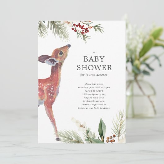 冬モダン鹿の赤男女兼用ちゃんシャワー 招待状 (スタンド正面)