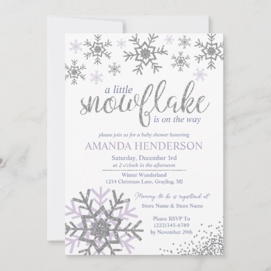 冬ラベンダースノーフレークベビーシャワー 招待状 (正面)