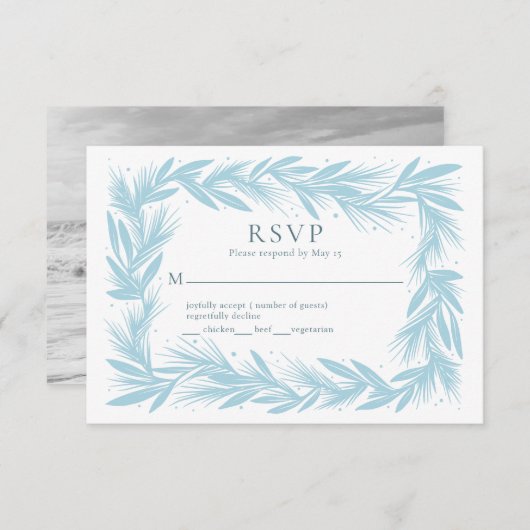 冬リースオンホワイトウェディングモダンRSVPカード 出欠カード (正面/裏面)