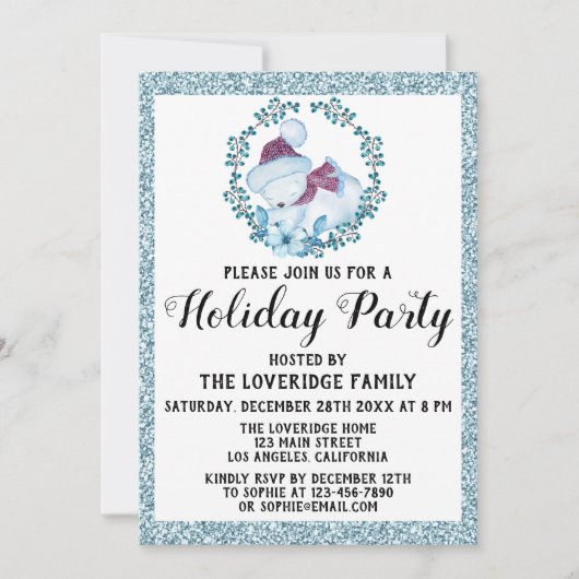 冬リースクリスマスホリデーパーティブルーグリッター 招待状 (正面)
