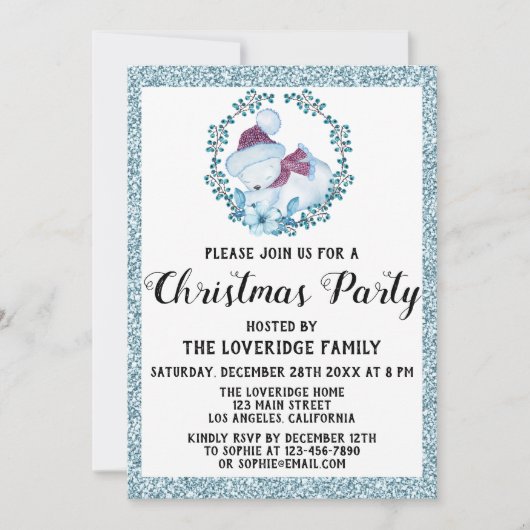 冬リースホリデークリスマスパーティーブルーグリッター 招待状 (正面)