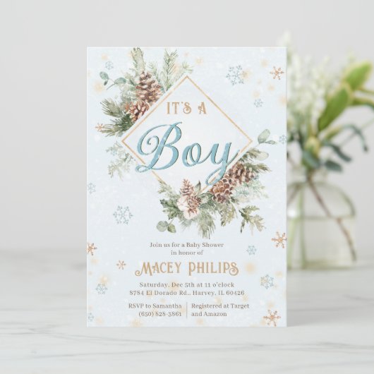 冬ワンダーランドブルー男の赤ちゃんシャワースプリンクル 招待状 (スタンド正面)