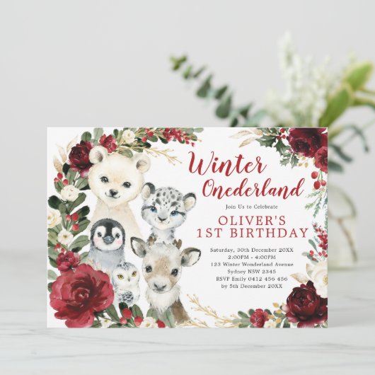 冬ワンダーランド北極動物フローラ誕生日 招待状 (スタンド正面)