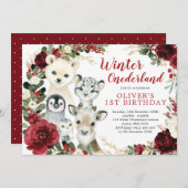 冬ワンダーランド北極動物フローラ誕生日 招待状 (正面/裏面)