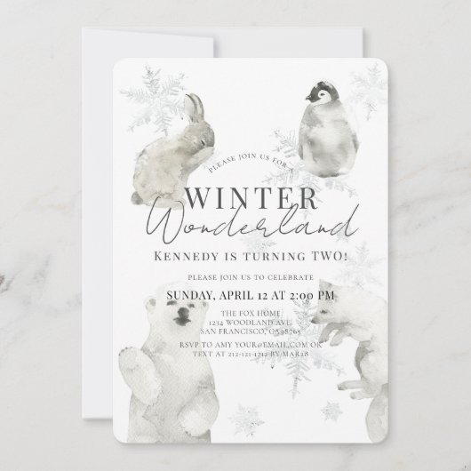冬ワンダーランド北極動物ボーイ誕生日 招待状 (正面)