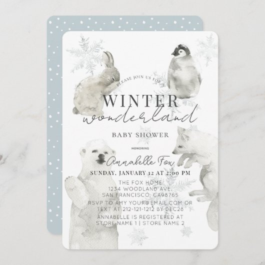 冬ワンダーランド北極動物少年の赤ちゃんシャワー 招待状 (正面/裏面)