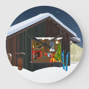冬丸太小屋シーンウォールクロック ラージ壁時計