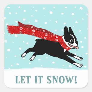 冬休みのボストンテリアはそれがクリスマス犬の雪が降るようにしました スクエアシール