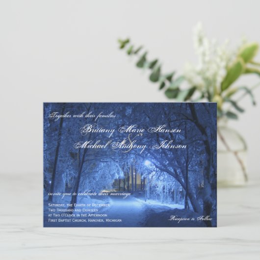 冬休みの夕べの雪の結婚式招待状 招待状 (スタンド正面)