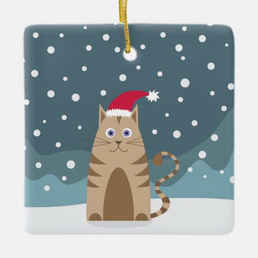 冬休みサンタ帽子ペット猫の雪のクリスマス セラミックオーナメント (正面)