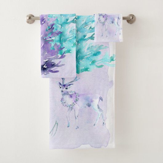 冬休み-水彩画のシカ場面 バスタオルセット (インサイチュ)
