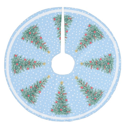 冬伝統的雪の青のクリスマスツリー ブラッシュドポリエステルツリースカート (正面)