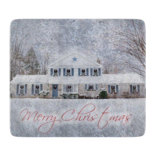 冬初期の雪カントリー素朴オープンハウス カッティングボード (正面)