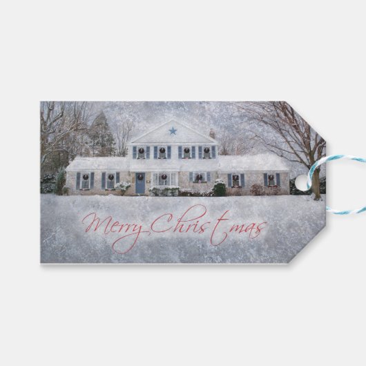 冬初期の雪カントリー素朴オープンハウス ギフトタグ (正面(横))