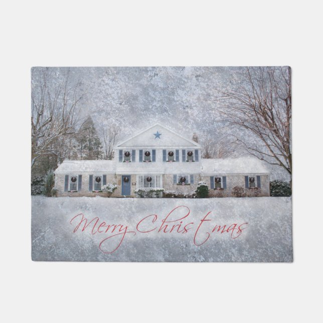 冬初期の雪カントリー素朴オープンハウス ドアマット (正面)