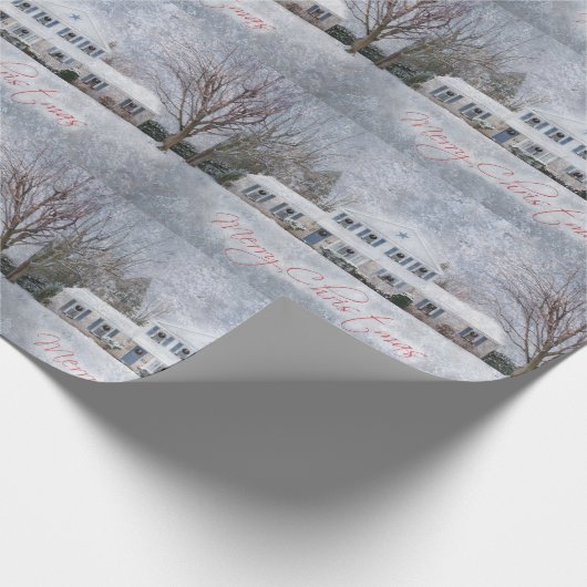 冬初期の雪カントリー素朴オープンハウス ラッピングペーパー (角)