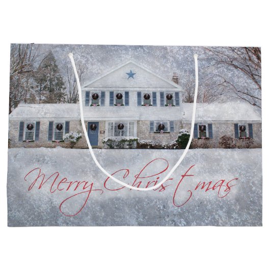 冬初期の雪カントリー素朴オープンハウス ラージペーパーバッグ (裏面)