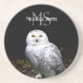 冬威厳のある雪フクロウモノグラム名前をカスタムする コースター (正面)