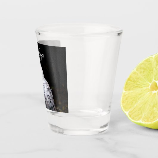 冬威厳のある雪フクロウモノグラム名前をカスタムする ショットグラス (右)