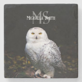 冬威厳のある雪フクロウモノグラム名前をカスタムする ストーンコースター (正面)