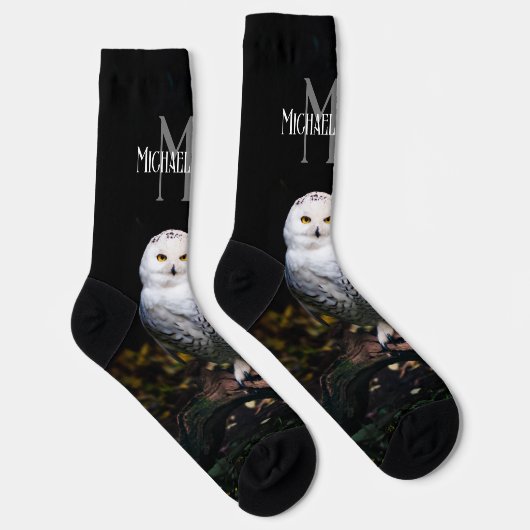 冬威厳のある雪フクロウモノグラム名前をカスタムする ソックス (右)