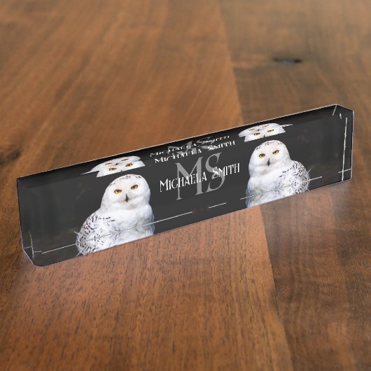 冬威厳のある雪フクロウモノグラム名前をカスタムする デスクネームプレート (側面)