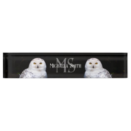 冬威厳のある雪フクロウモノグラム名前をカスタムする デスクネームプレート