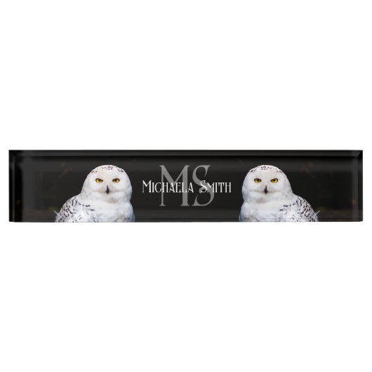 冬威厳のある雪フクロウモノグラム名前をカスタムする デスクネームプレート (正面)