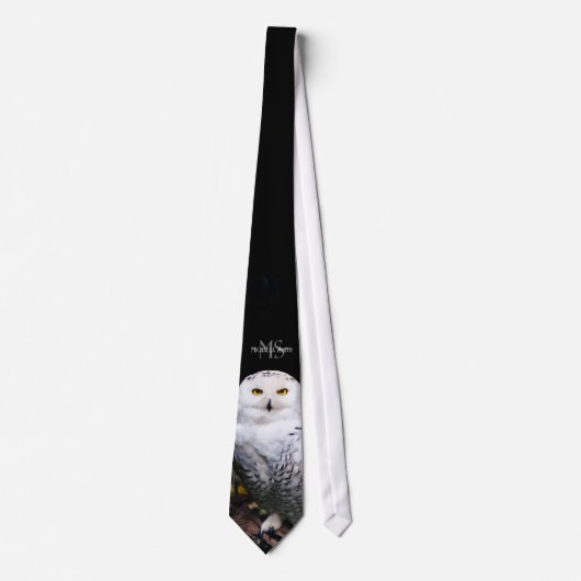 冬威厳のある雪フクロウモノグラム名前をカスタムする ネクタイ (正面)